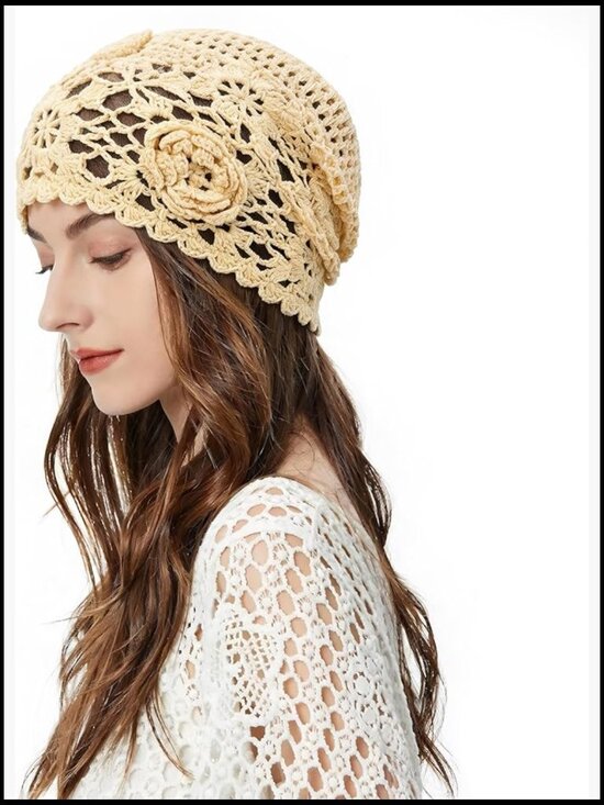 Handmade Cotton Crochet Beanie Slouchy Skull Hat with Floral  display picture 3
